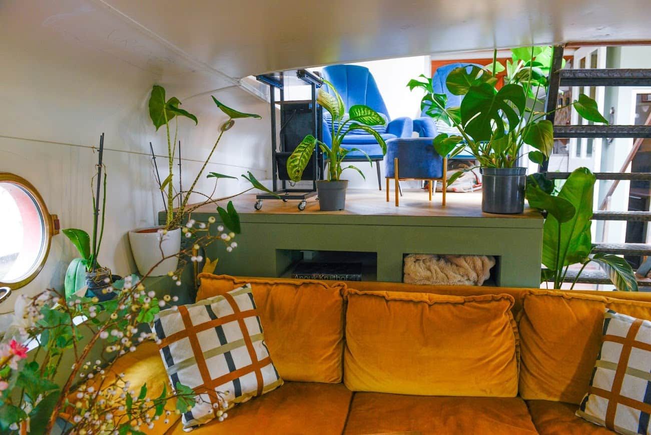 Una sala de estar con un sofá, un sillón azul y varias plantas en macetas.