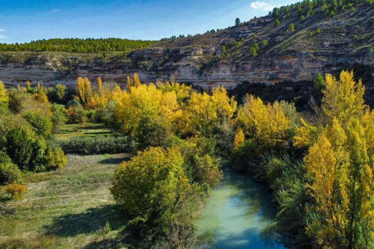 Un río serpenteando por un valle con árboles y riscos rocosos.
