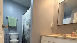 A bathroom with a toilet, sink, mirror, and a shower curtain. - Muddy Boots HideoutI Cozy 2BR I 15m to RRG I Wi-Fi (Stanton)