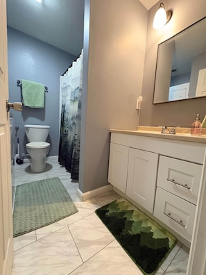 A bathroom with a toilet, sink, mirror, and a shower curtain. - Muddy Boots HideoutI Cozy 2BR I 15m to RRG I Wi-Fi (Stanton)