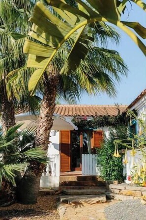 Ein Haus mit Ziegeldach, einer Veranda und einer großen Palme.