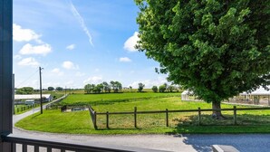 Ländliche Landschaft mit einem eingezäunten Feld, einem Baum und einem Gebäude in der Ferne.