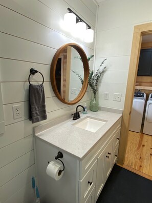 A bathroom with a double sink, a mirror, a towel rack, a toilet paper holder, and a green plant.
