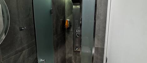 Shower, hair dryer, towels, soap