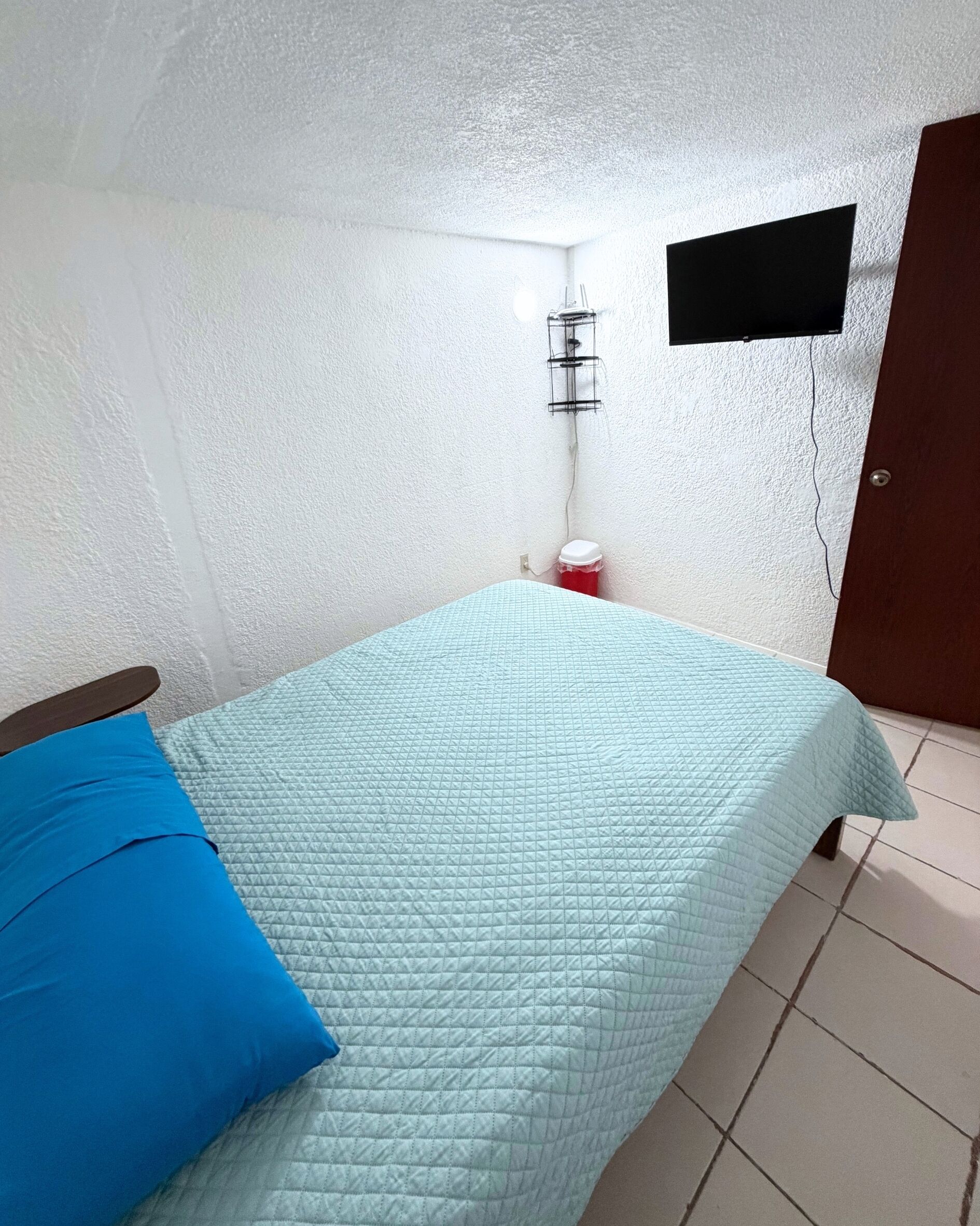 Une pièce avec un lit, un oreiller bleu, une poubelle rouge, un téléviseur noir fixé au mur et une porte en bois.