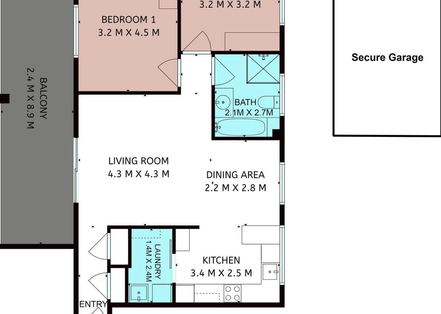 A floor plan with a balcony, bedroom, living room, dining area, kitchen, bathroom, and entry.