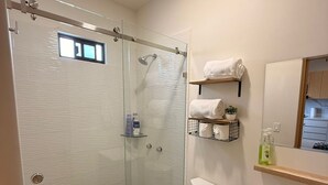 Een moderne badkamer met een douche met glazen wand, een toilet, een wastafel en een spiegel boven de wastafel.