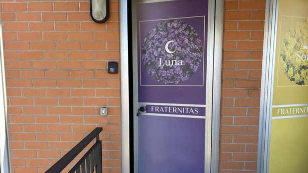 Een deur met een paars en gouden ontwerp, een maansymbool en de tekst 'Luna' erop.