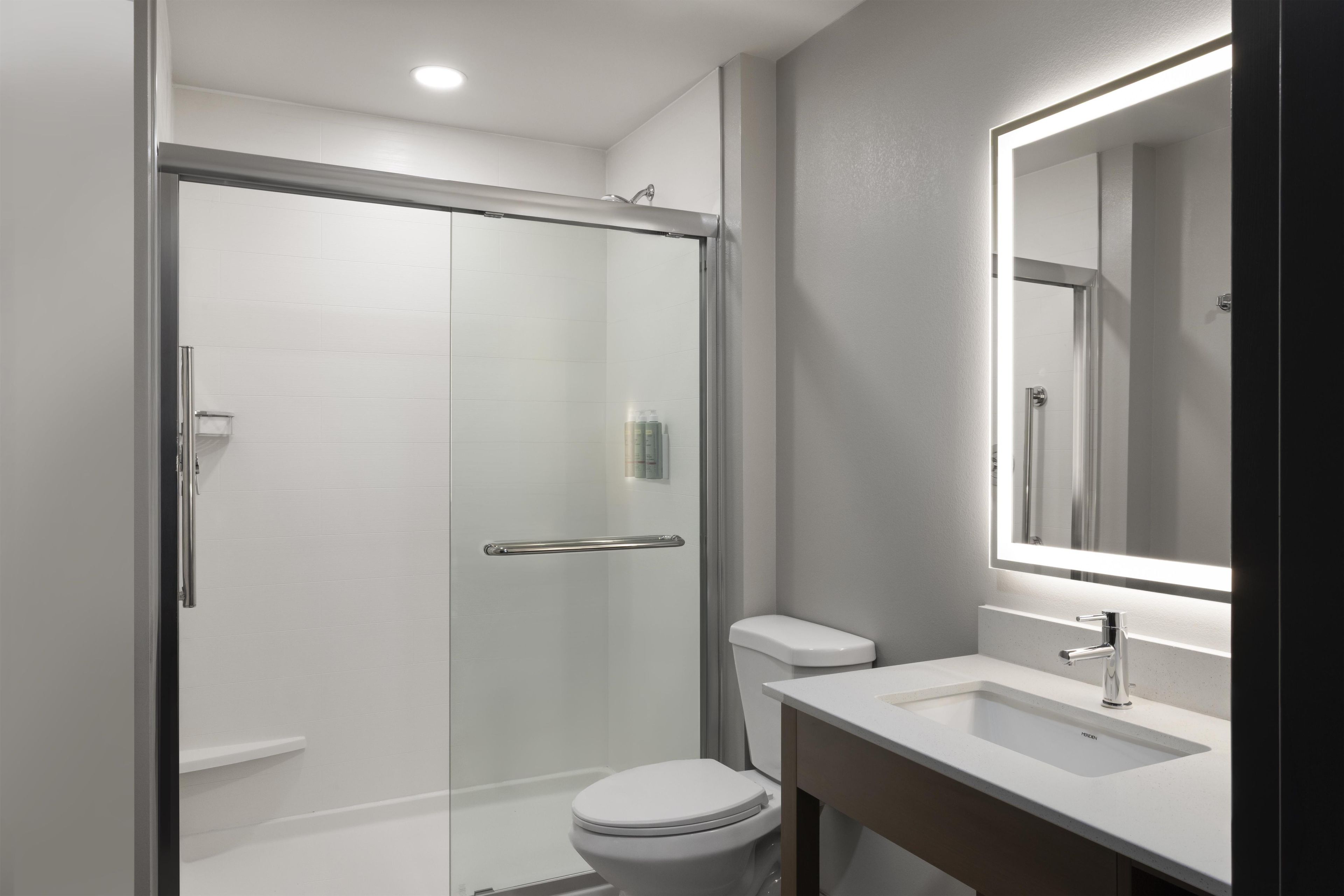 Un baño moderno con ducha envuelta en vidrio, inodoro y tocador con espejo.