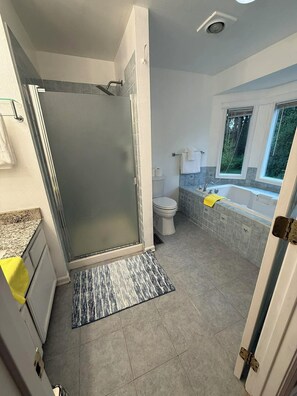 Shower, hair dryer, towels, soap
