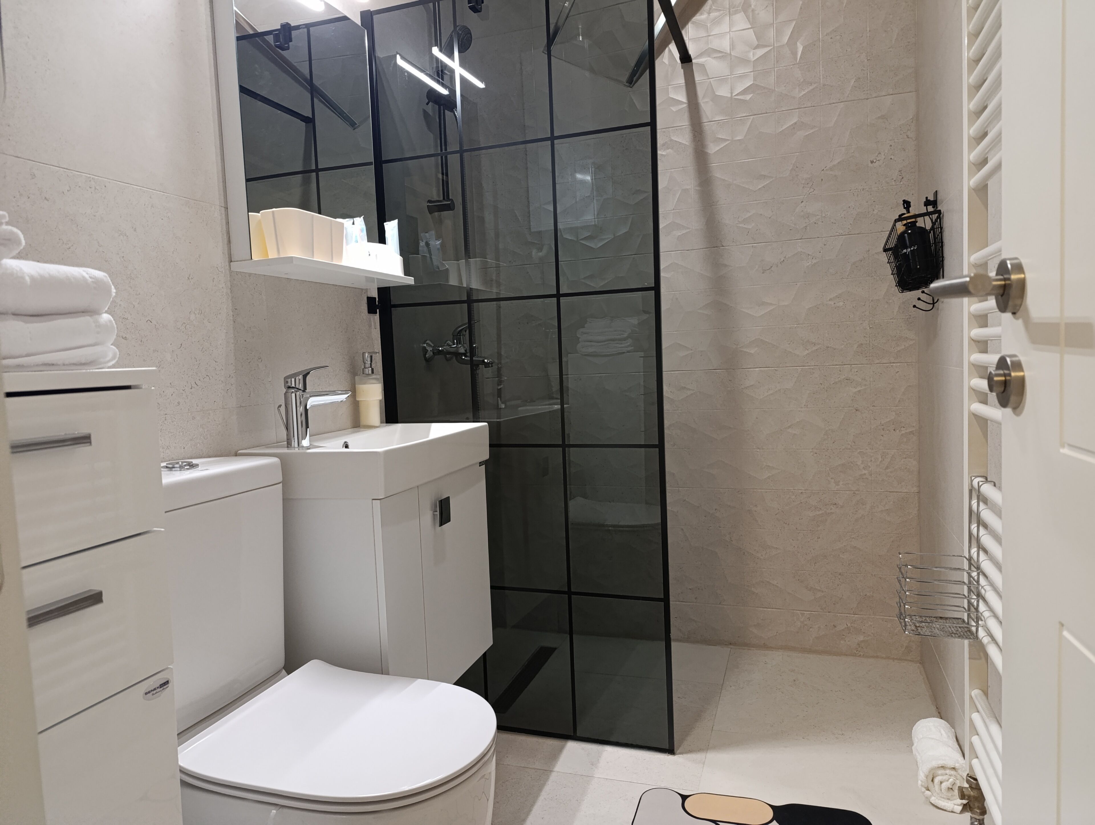 Hair dryer, towels, soap, toilet paper