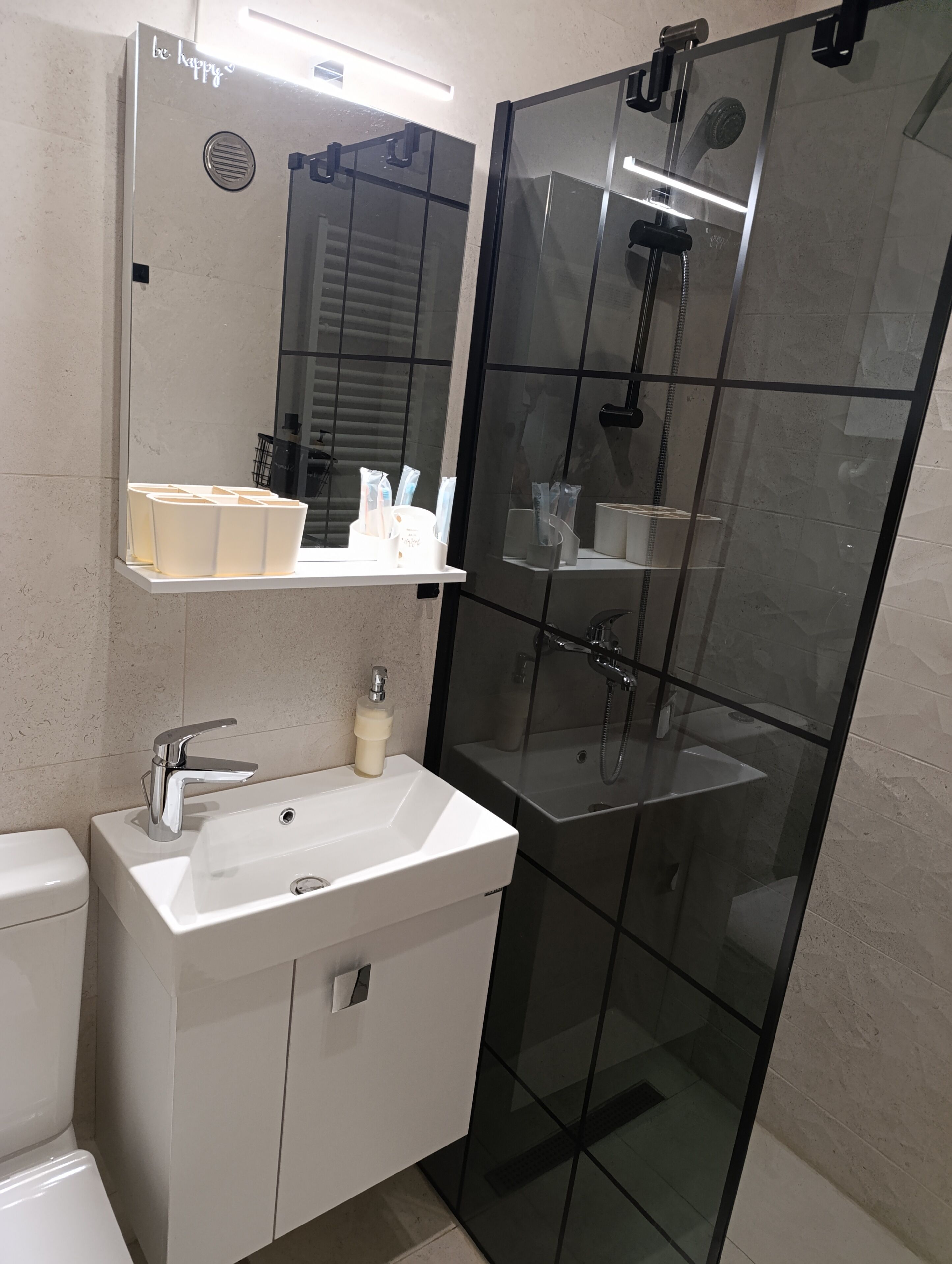 Hair dryer, towels, soap, toilet paper