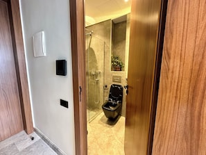 Un bagno con doccia vetrata, un water e una pianta in vaso.