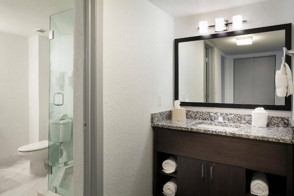 Hair dryer, towels, soap, toilet paper