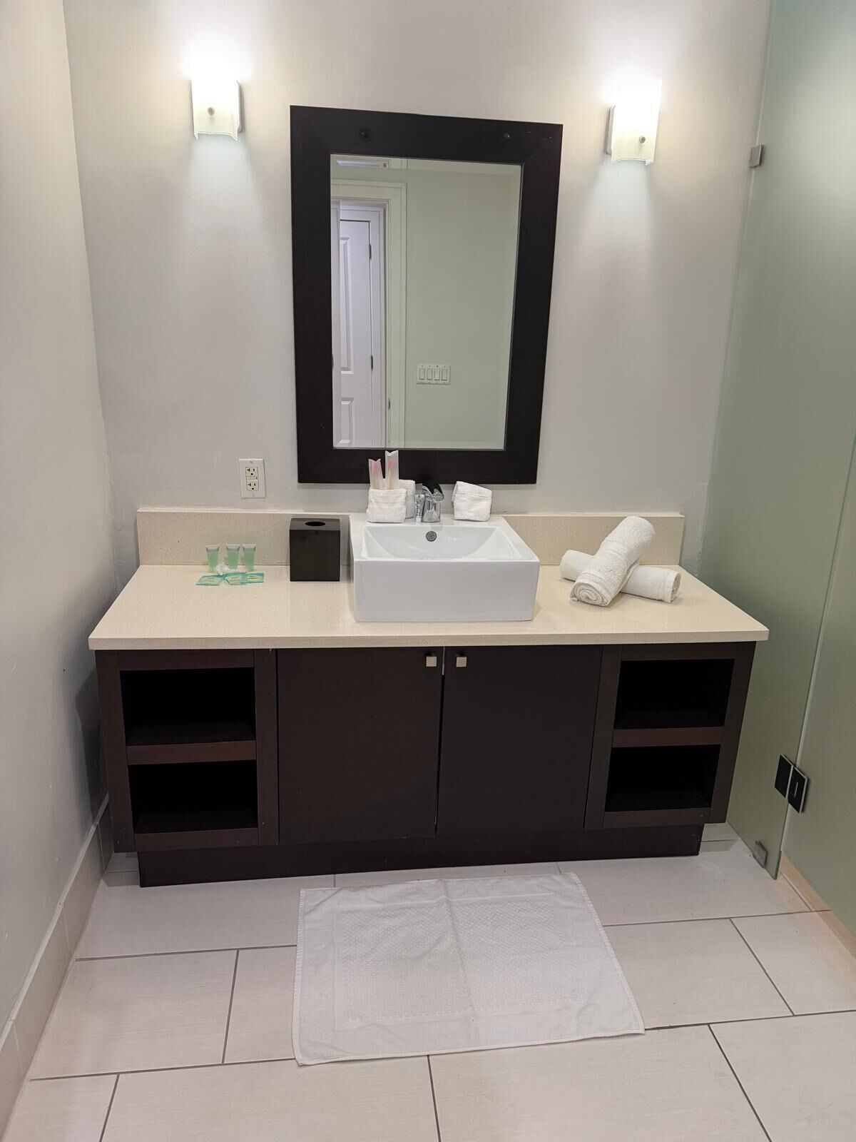 Hair dryer, towels, soap, toilet paper