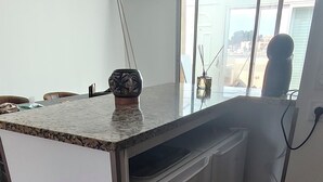 Een keuken met een inbouwkoelkast, een aanrecht en een raam met uitzicht.