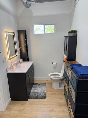 Hair dryer, towels, soap, toilet paper