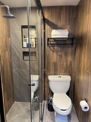 Douche, sèche-cheveux, shampoing