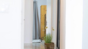 Ein Flur mit einer Holztür, einem grauen Vorhang und einem Blumentopf.