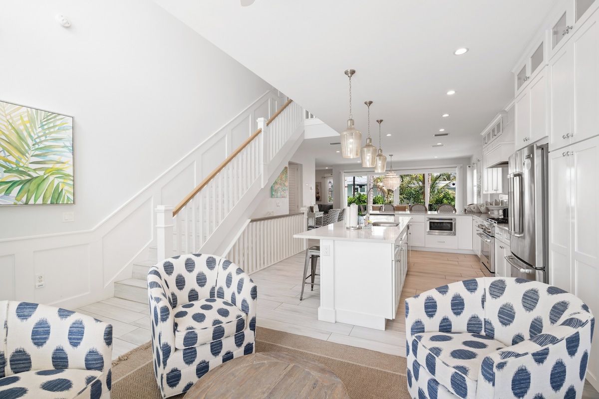 A modern kitchen with white cabinetry, stainless steel appliances, and a central island.