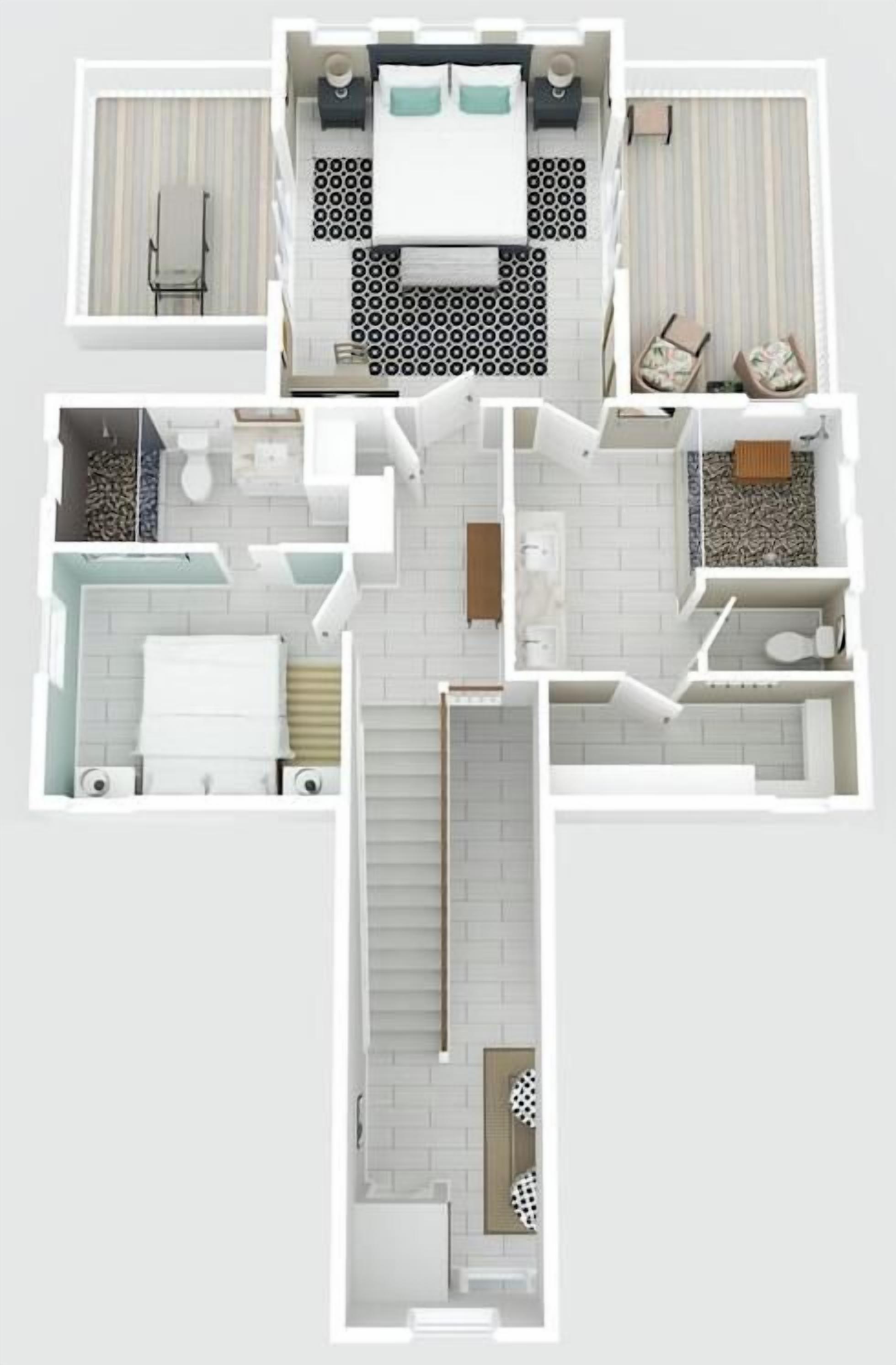 A floor plan of a hotel room with a bathroom, a dining area, and a living space.