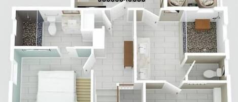 A floor plan of a hotel room with a bathroom, a dining area, and a living space.