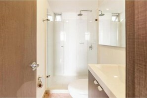 Regadera, toallas, jabón, papel de baño 