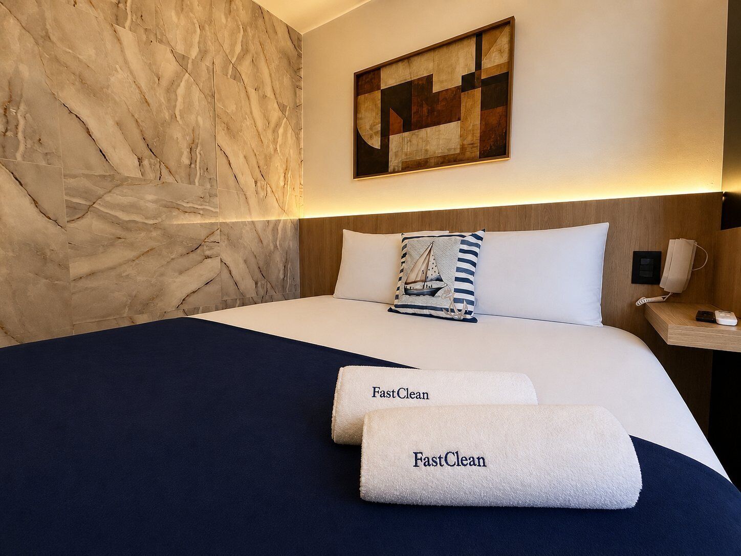 Une chambre d’hôtel avec un mur en marbre, un lit recouvert de draps blancs, un oreiller à rayures, une table de chevet avec un téléphone et un tableau accroché au mur.