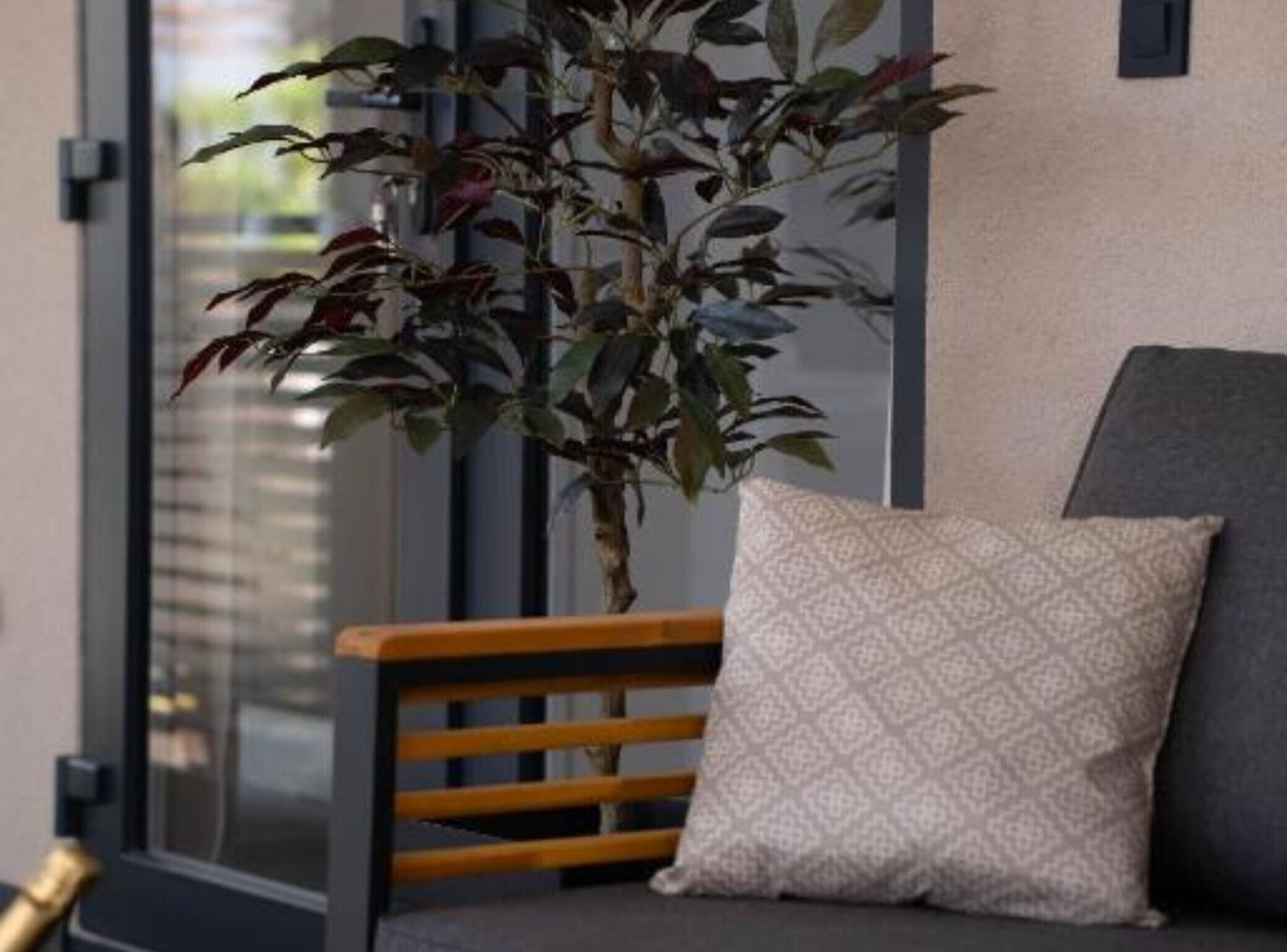 A room with a sofa, a patterned pillow, and a potted plant.