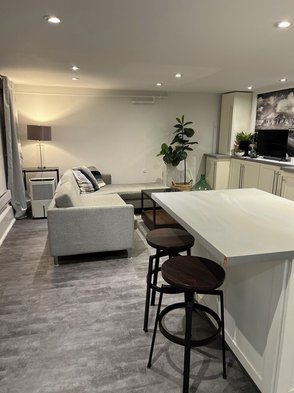 A modern living space with a grey sofa, a white kitchen island with stools, a flat-screen TV, and a large plant.