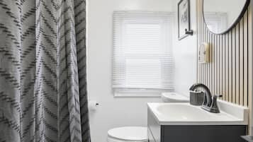 Hair dryer, towels, soap, toilet paper
