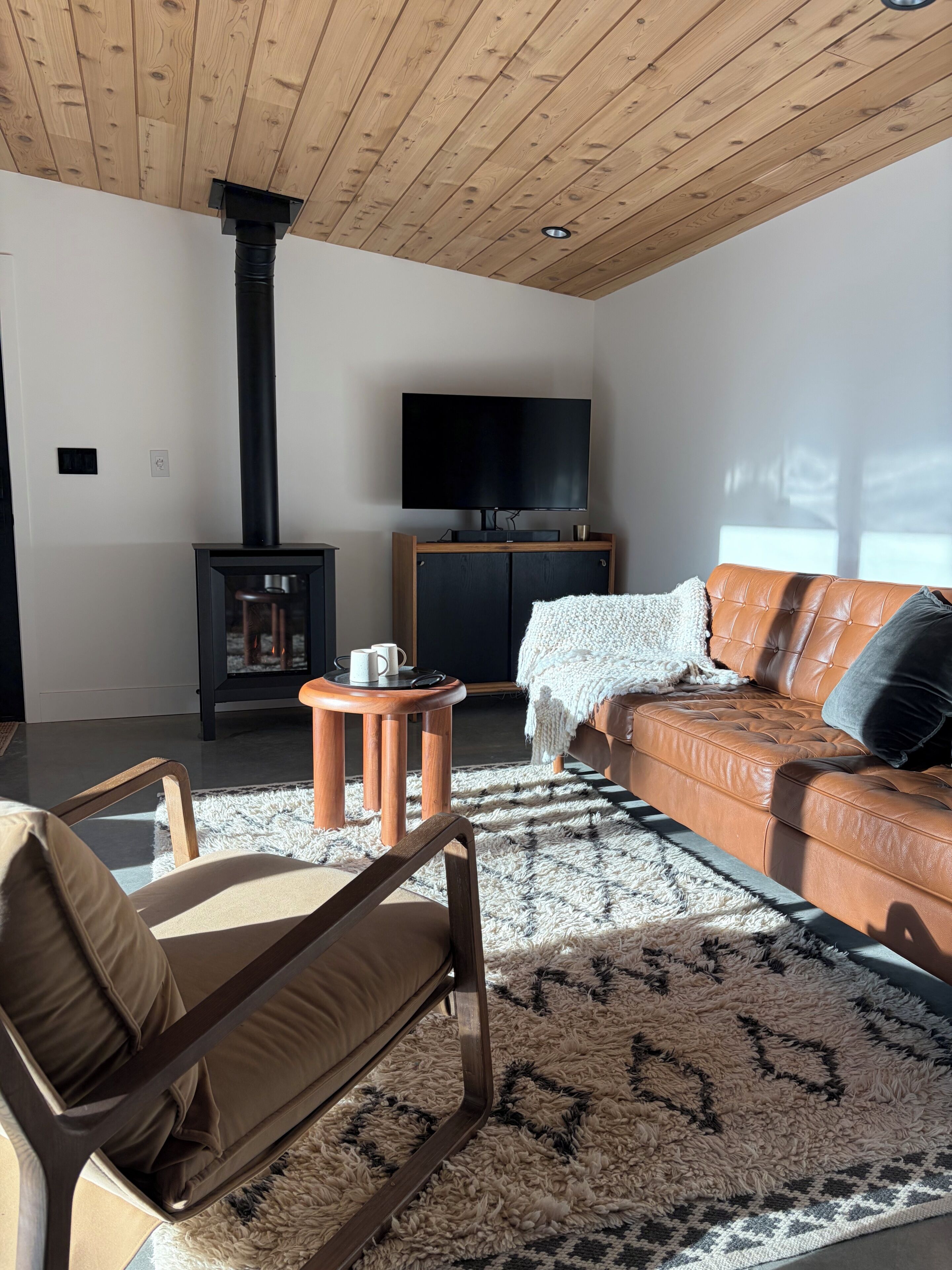 Un salon comprenant un canapé, un fauteuil, un téléviseur, une cheminée et un tapis à motifs.