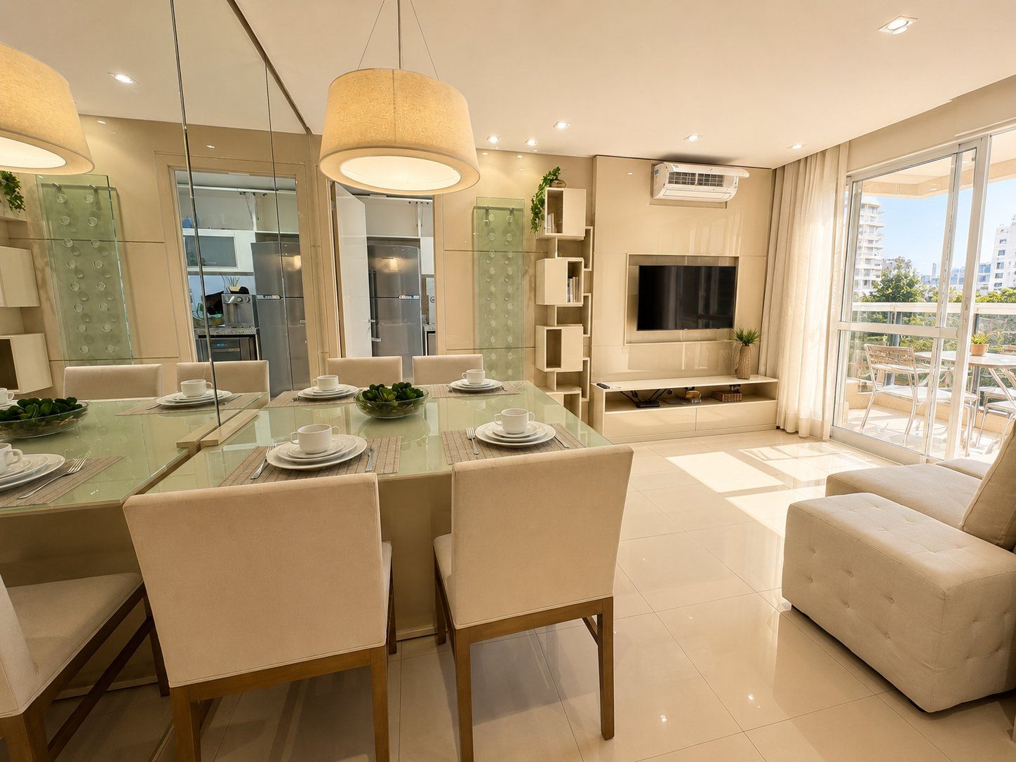 Un moderno salón con comedor, televisor de pantalla plana y un balcón con vistas.