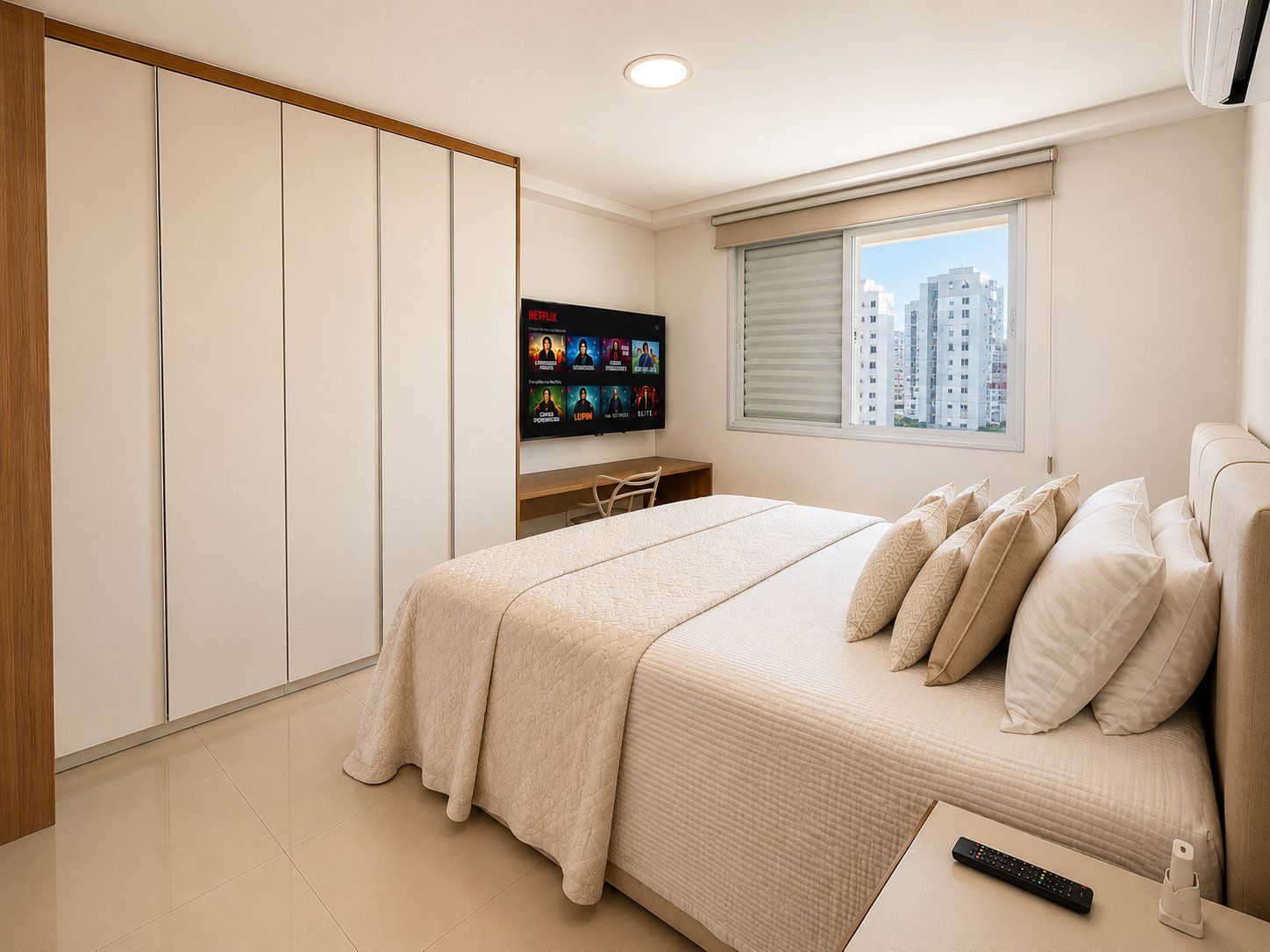 Quarto com cama, televisão, escrivaninha e janela.