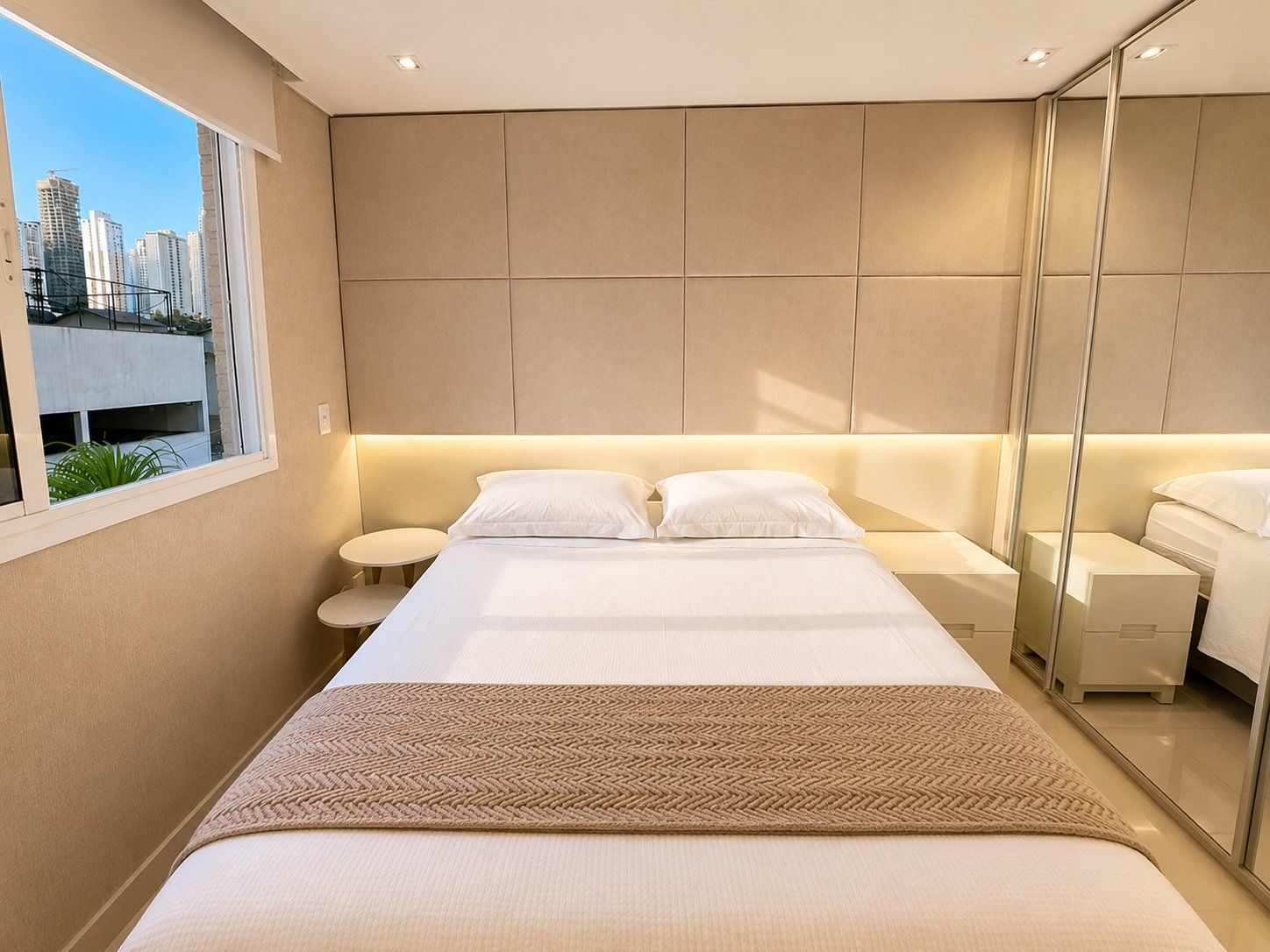 Quarto de hotel moderno com uma cama grande, mesas de cabeceira, um espelho e vista para a paisagem urbana.