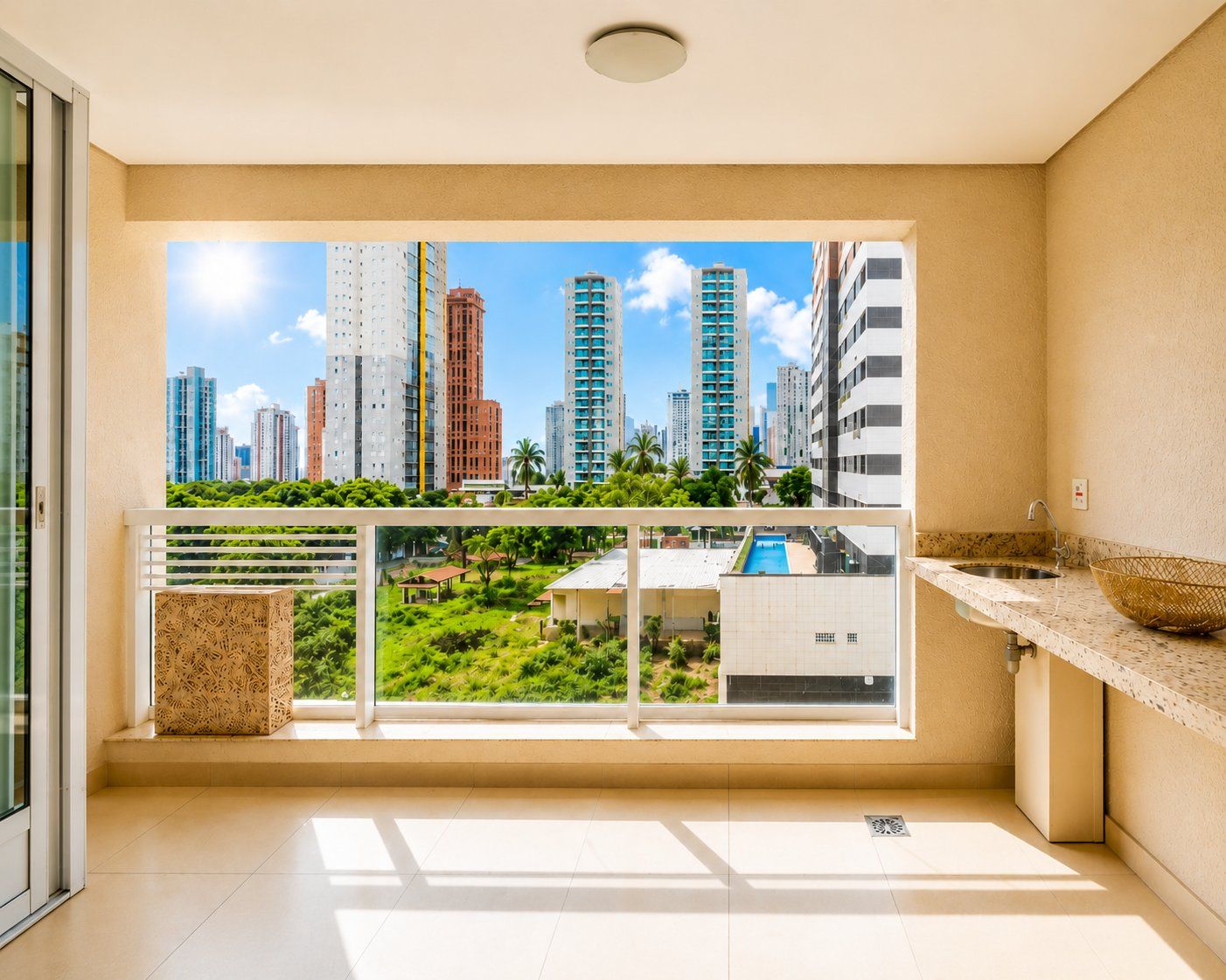 Un balcón con vista a la ciudad, un lavamanos y una cesta decorativa.
