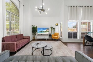 TV, fireplace - Spacious 5BR w/ Pool, Hot Tub, Arcade & Theater Near AT&T Stadium (Grand Prairie)