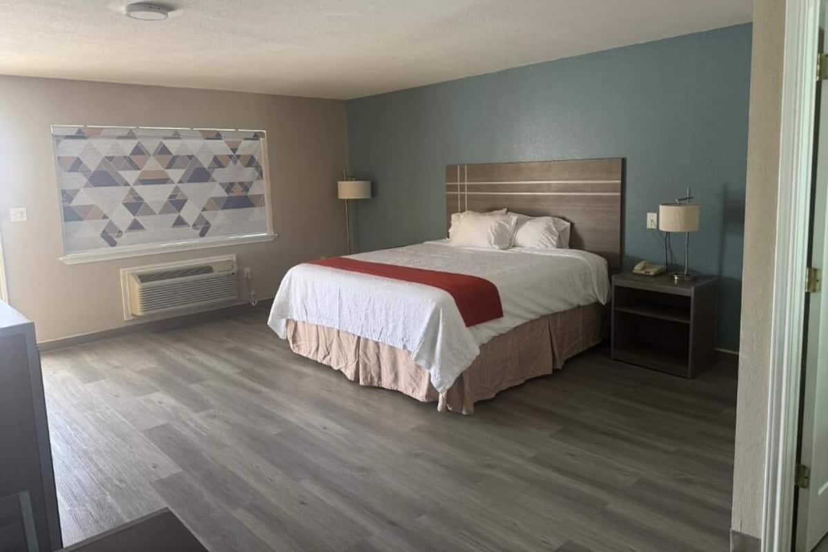 Un dormitorio con una cama, mesitas de noche, un calentador y una ventana con cortinas estampadas.