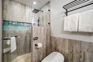 Ducha, secador de pelo, toallas, shampoo