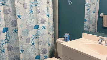Hair dryer, towels, soap, toilet paper