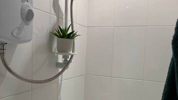 Une douche équipée d’un pommeau de douche à main, d’un panneau de commande fixé au mur et d’une plante en pot.