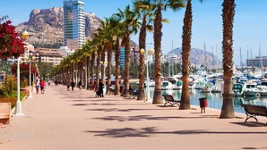 A coastal promenade lined with palm trees and benches, with a marina and boats in the background. - ESTUDIO PLAYA POSTIGUET by Interhome (Alicante)