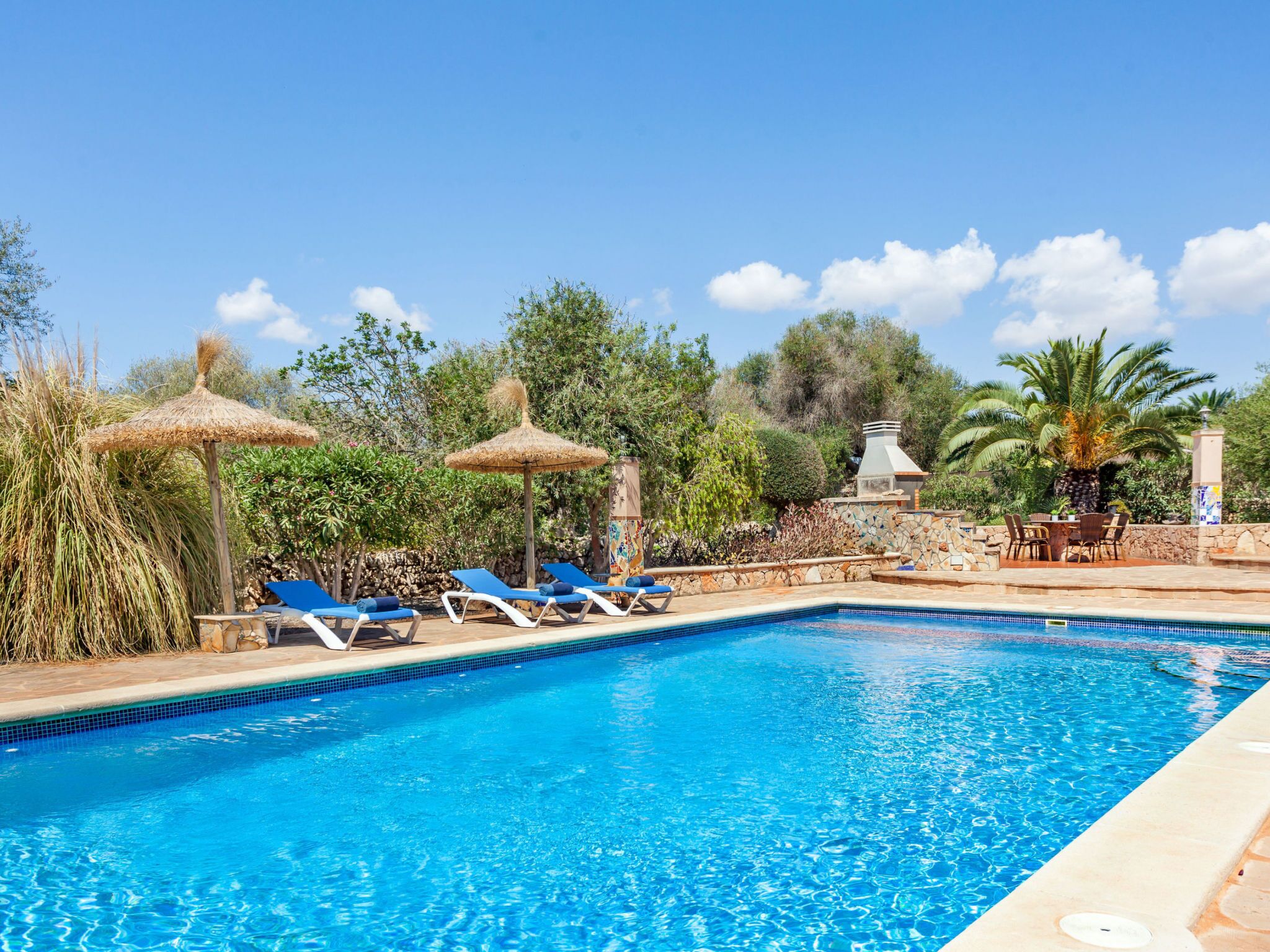 Une piscine d’un bleu éclatant, dotée de chaises longues et de parasols en chaume.