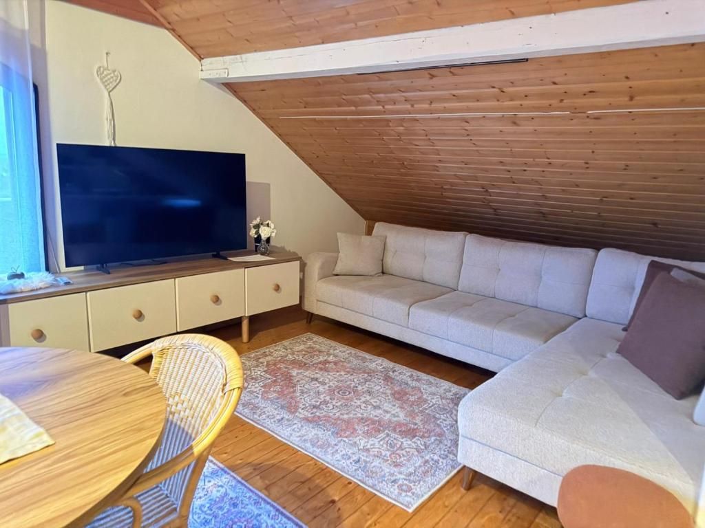 Un accogliente soggiorno con TV a schermo piatto, un divano, un tavolo da pranzo con sedie e un tappeto decorato.