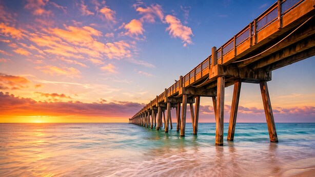 Un muelle que se adentra en el agua, con un atardecer de fondo.