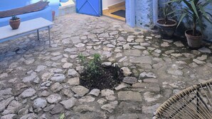A courtyard with a stone floor, a blue door, and potted plants.