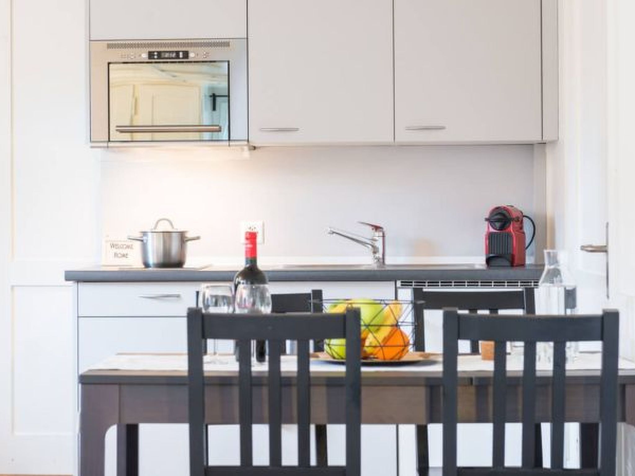 Fridge, microwave, cookware/dishes/utensils