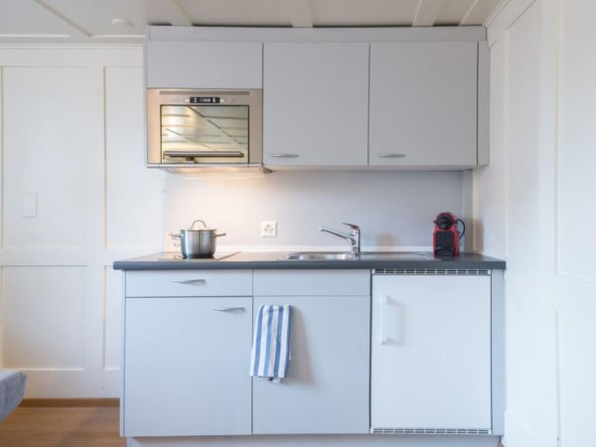 Fridge, microwave, cookware/dishes/utensils