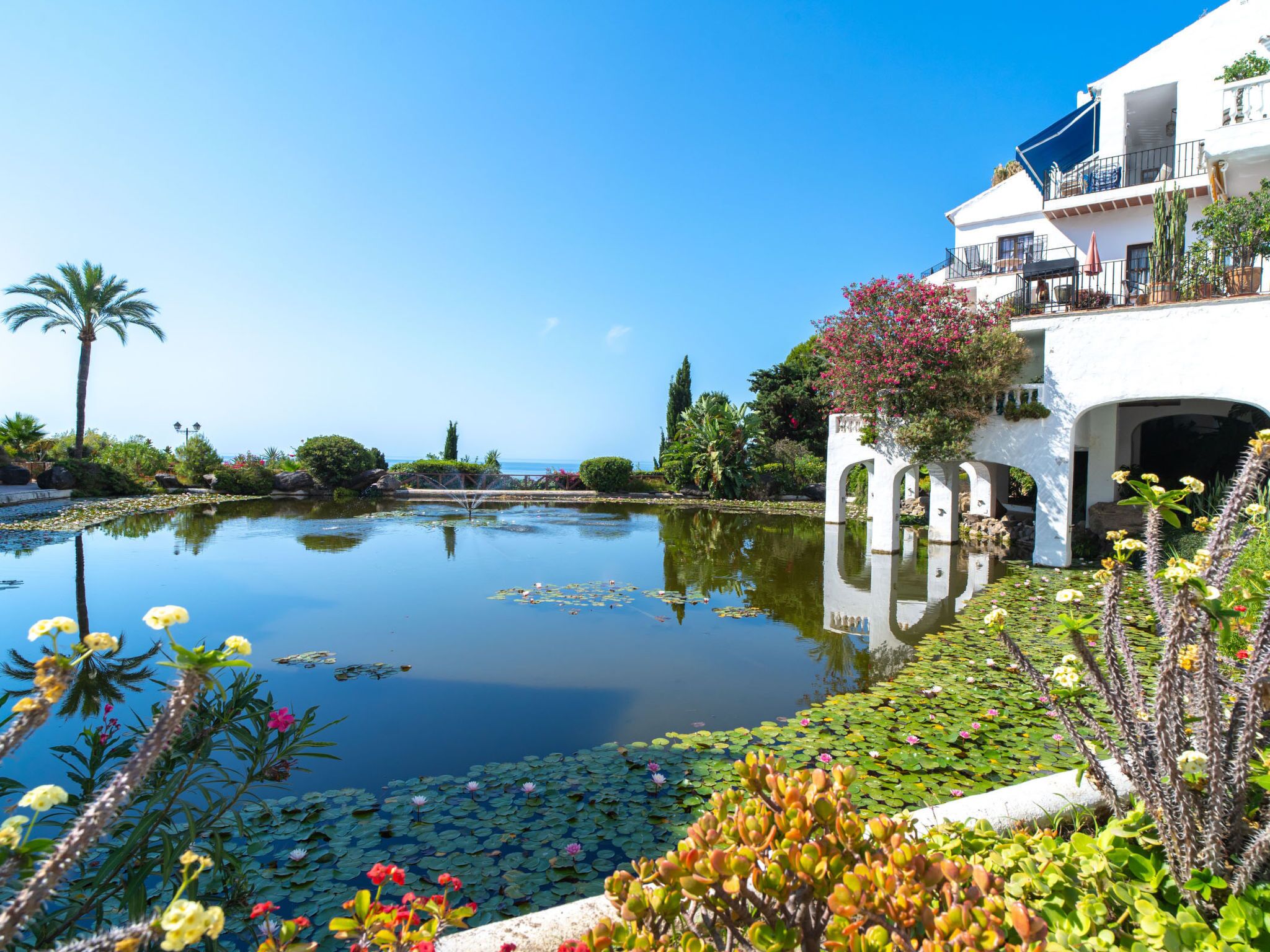 A serene hotel pool with a clear view of the sea, surrounded by lush greenery and flowering plants.