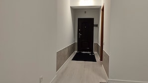 Un pasillo estrecho con una puerta negra al final, una lámpara arriba y un felpudo negro en la entrada.